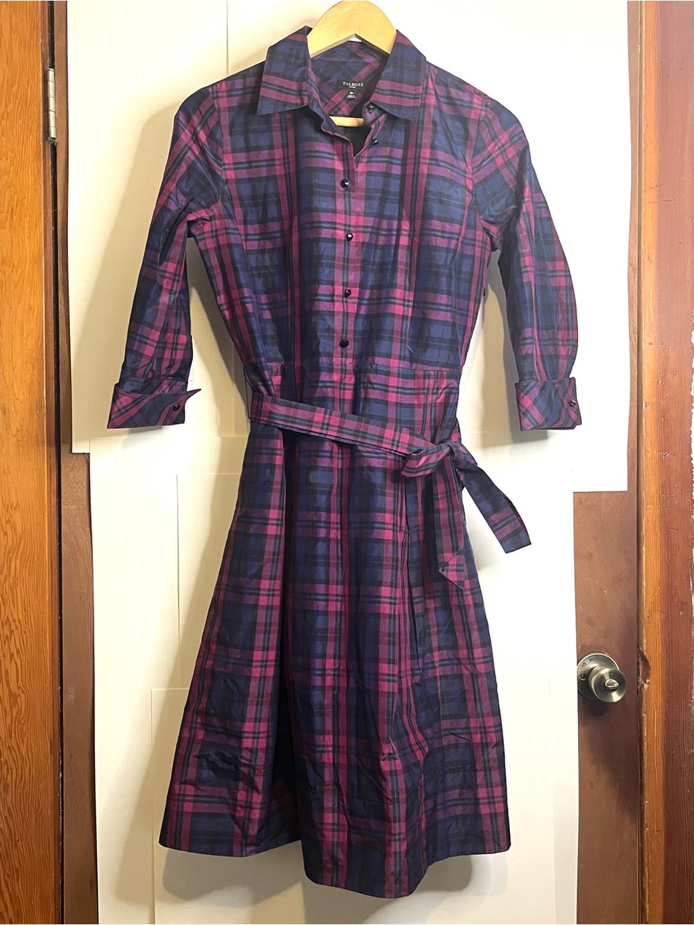 Talbots Petites Size 6P Purple & Blue Plaid Belted Silk Blend Shirt Dress